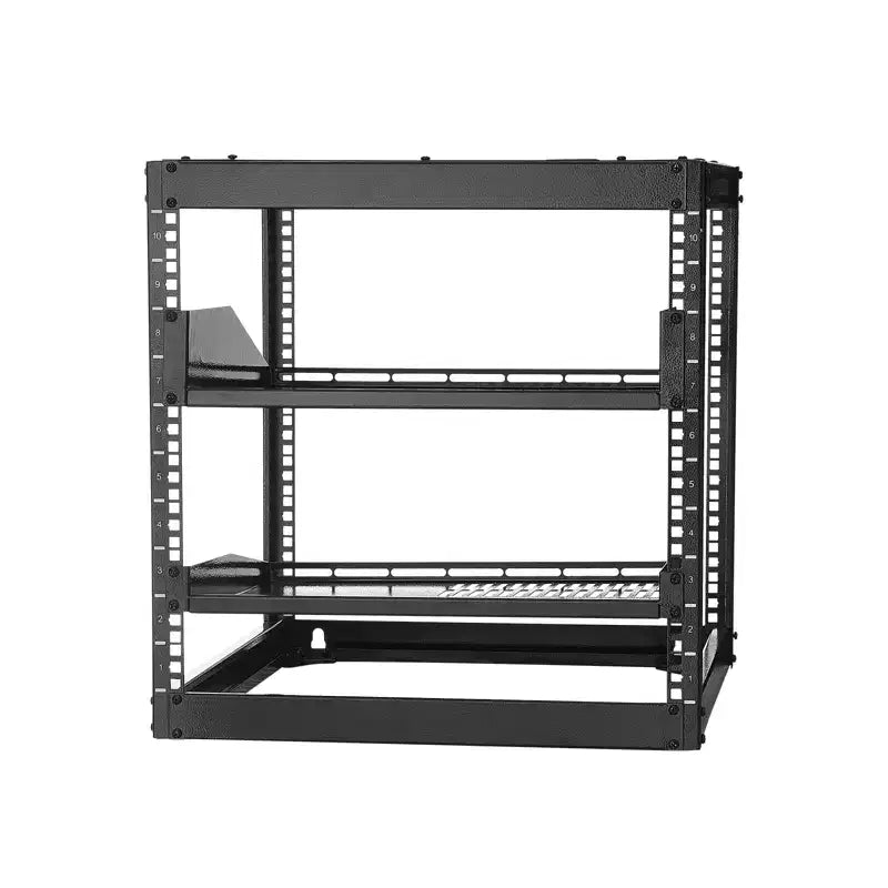 VEVOR 10U Open Frame Network Rack, 23 in Depth, Wall Mounted or Floor Standing Server Rack, Heavy Duty 4 Post, with Vented Shelves, Black
