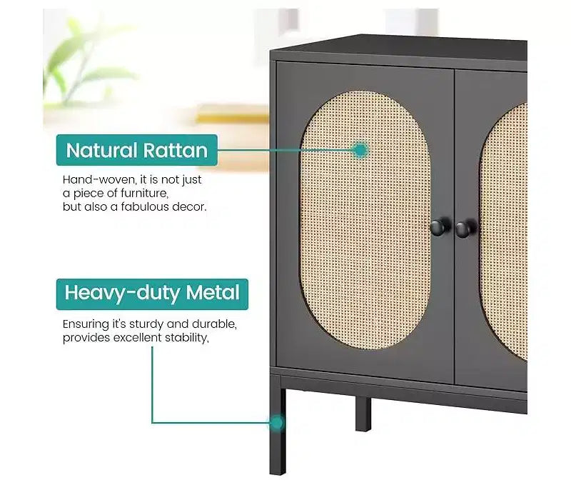 Bahut de salle à manger, meuble de rangement en bois avec portes en rotin naturel, bahut à double couche avec pieds en métal massif, pour couloir, salon
