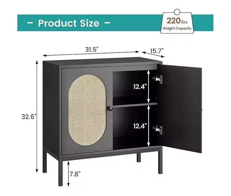 Bahut de salle à manger, meuble de rangement en bois avec portes en rotin naturel, bahut à double couche avec pieds en métal massif, pour couloir, salon