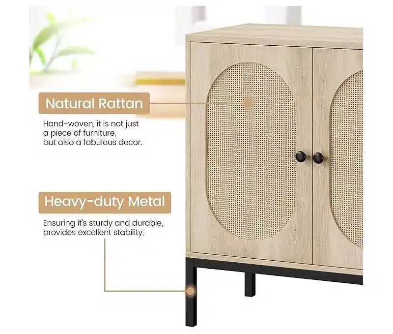 Bahut de salle à manger, meuble de rangement en bois avec portes en rotin naturel, bahut à double couche avec pieds en métal massif, pour couloir, salon