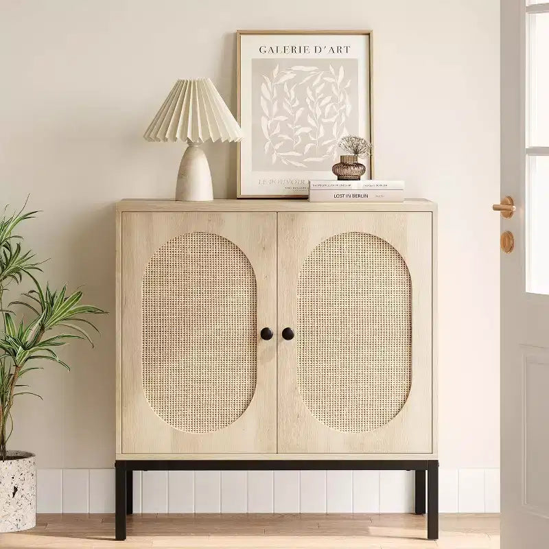 Bahut de salle à manger, meuble de rangement en bois avec portes en rotin naturel, bahut à double couche avec pieds en métal massif, pour couloir, salon