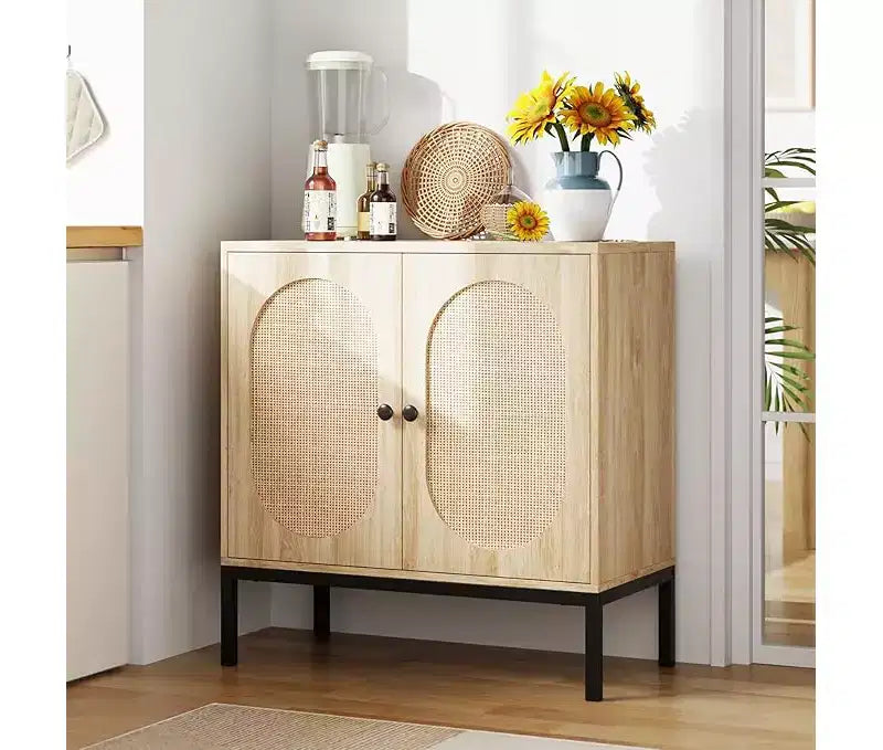 Sideboard Buffet Cabinet, Wooden Storage Cabinet with Natural Rattan Doors, Double-layer Sideboard with Solid Metal Feet, for Hallway, Living Room