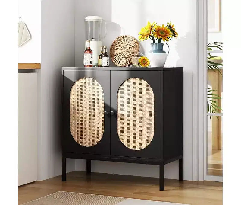 Bahut de salle à manger, meuble de rangement en bois avec portes en rotin naturel, bahut à double couche avec pieds en métal massif, pour couloir, salon