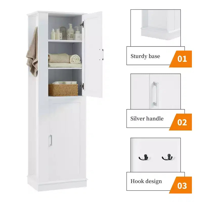 Meuble colonne de salle de bain autoportant avec crochet, étagère réglable, MDF, blanc