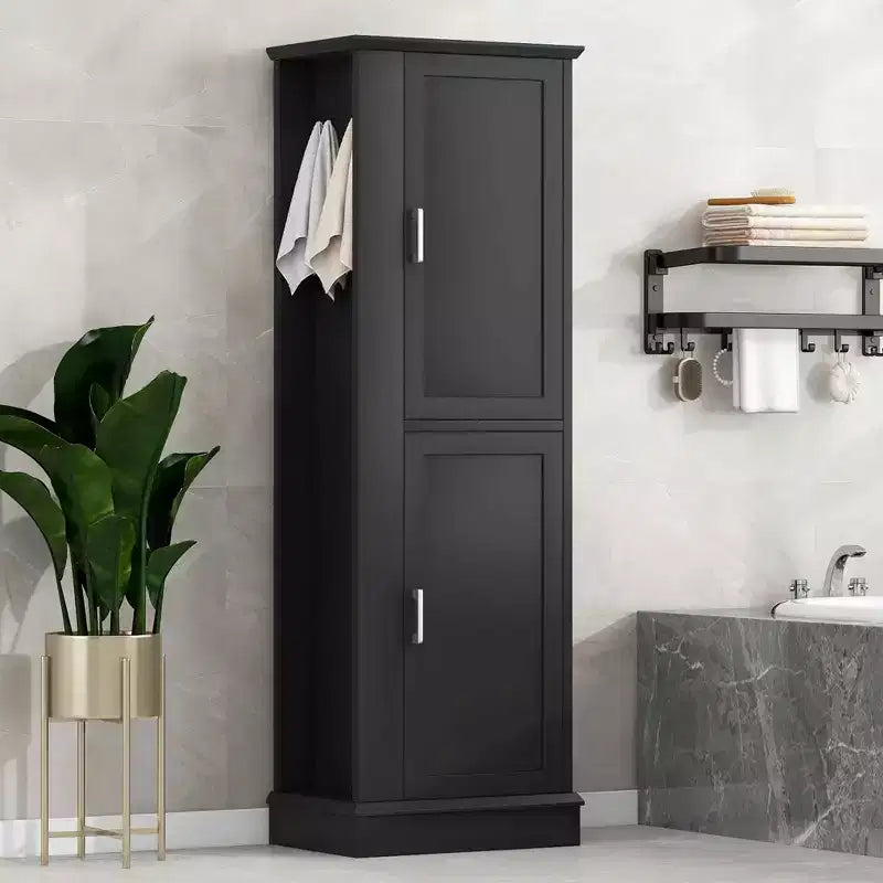 MAYEERTY Tall Bathroom Cabinet Freestanding Hook Adjustable Shelf MDF White