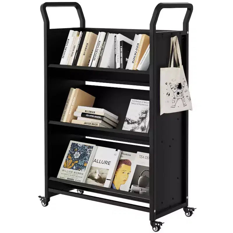 Book Cart, V-Shaped Metal Rolling Cart With 4 Lockable Wheels & Side Hooks, 3-Tier Storage Bookshelf
