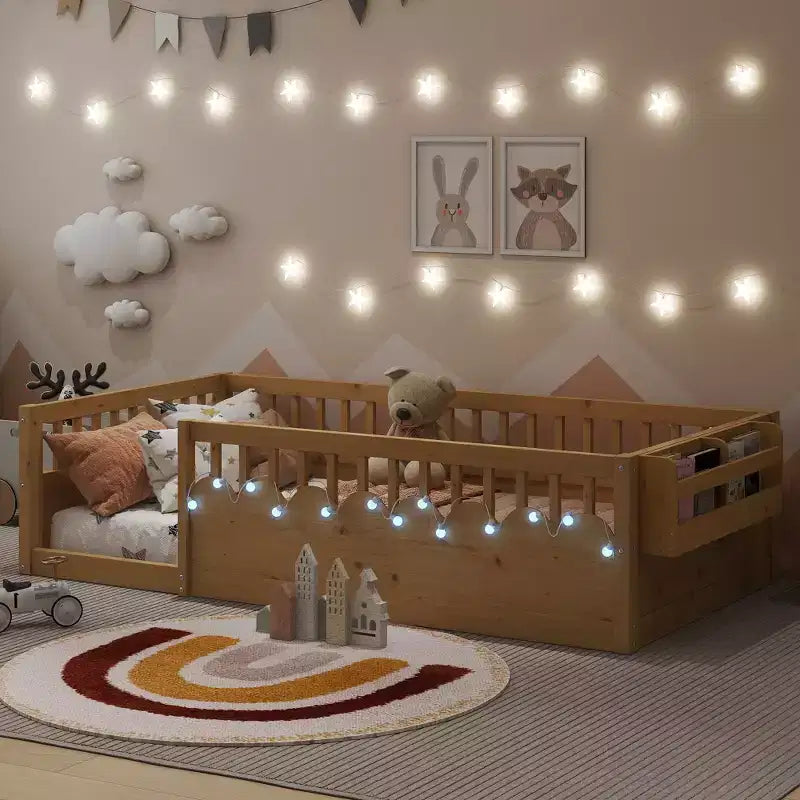 Zeus & Ruta Natural Wood Floor Bed Frame with High Rails, Built-In Light & Storage Shelf for Kids