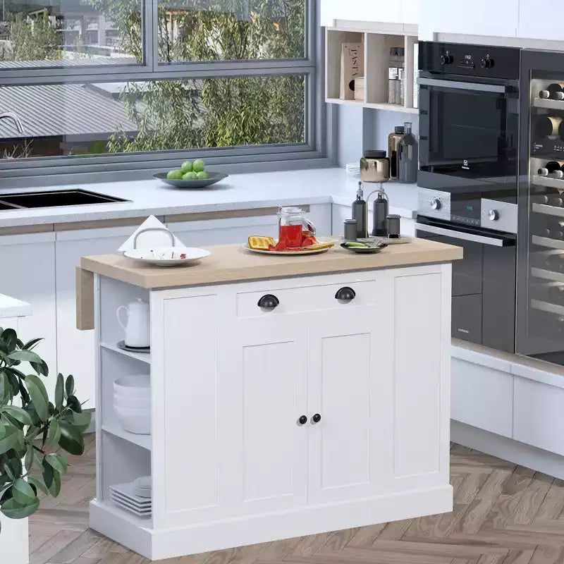 47 Îlot de cuisine en bois cannelé, Armoire de rangement pour comptoir de cuisine avec abattant, Tiroir, Étagères ouvertes, Rangement