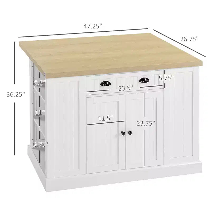 47 Îlot de cuisine en bois cannelé, Armoire de rangement pour comptoir de cuisine avec abattant, Tiroir, Étagères ouvertes, Rangement