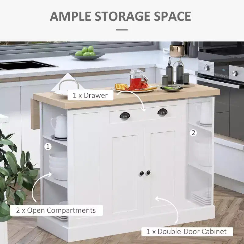 47 Îlot de cuisine en bois cannelé, Armoire de rangement pour comptoir de cuisine avec abattant, Tiroir, Étagères ouvertes, Rangement
