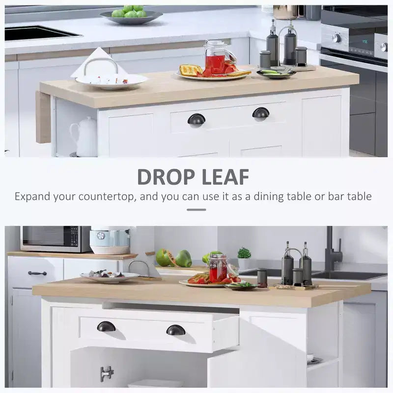 47 Îlot de cuisine en bois cannelé, Armoire de rangement pour comptoir de cuisine avec abattant, Tiroir, Étagères ouvertes, Rangement
