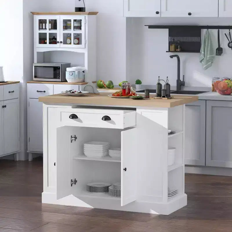 47 Îlot de cuisine en bois cannelé, Armoire de rangement pour comptoir de cuisine avec abattant, Tiroir, Étagères ouvertes, Rangement