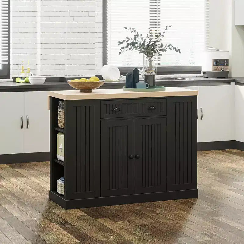 47 Îlot de cuisine en bois cannelé, Armoire de rangement pour comptoir de cuisine avec abattant, Tiroir, Étagères ouvertes, Rangement