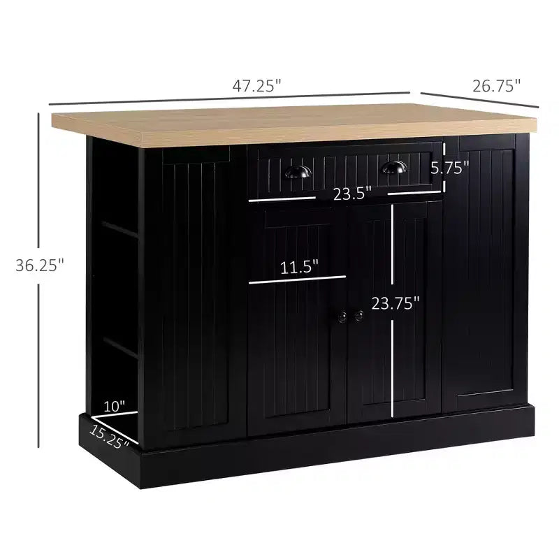 47 Îlot de cuisine en bois cannelé, Armoire de rangement pour comptoir de cuisine avec abattant, Tiroir, Étagères ouvertes, Rangement