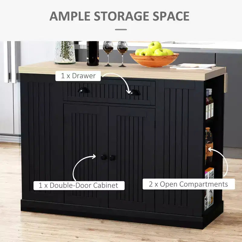 47 Îlot de cuisine en bois cannelé, Armoire de rangement pour comptoir de cuisine avec abattant, Tiroir, Étagères ouvertes, Rangement