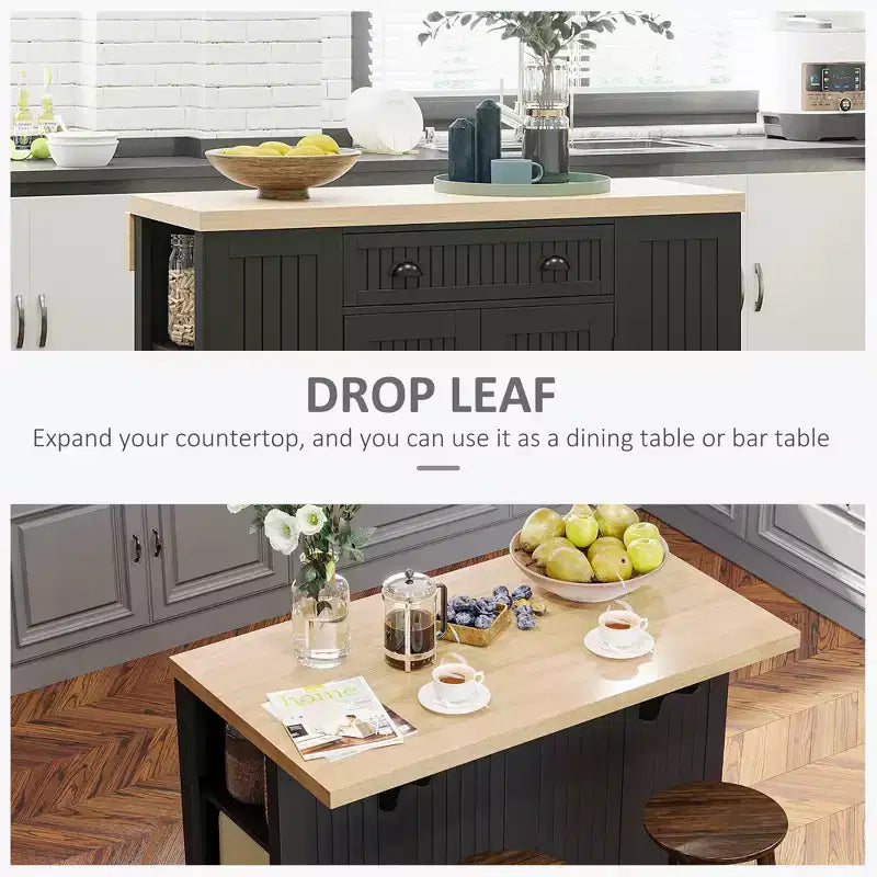 47 Îlot de cuisine en bois cannelé, Armoire de rangement pour comptoir de cuisine avec abattant, Tiroir, Étagères ouvertes, Rangement