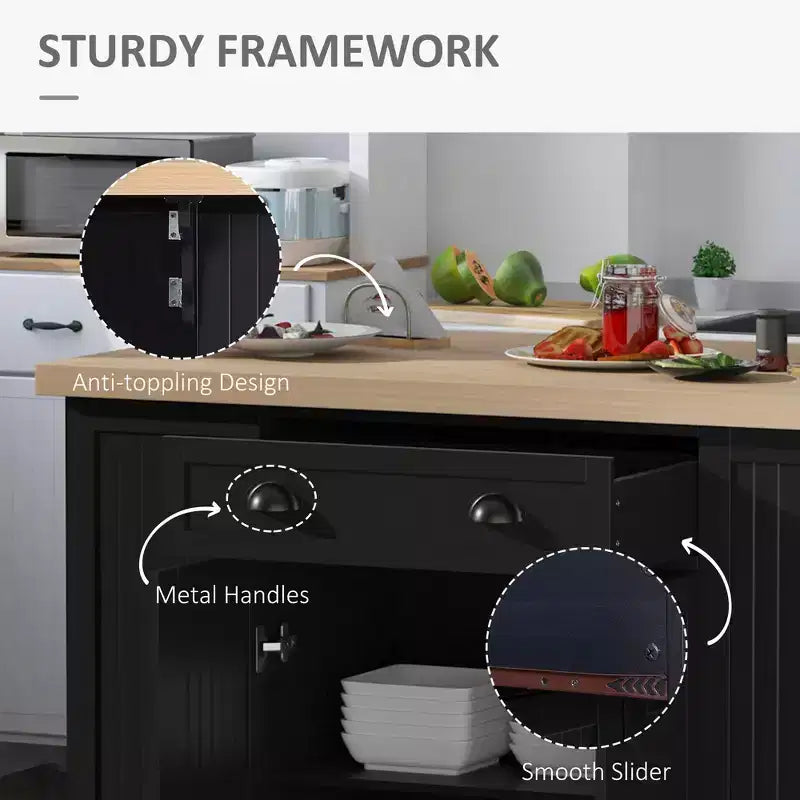 47 Îlot de cuisine en bois cannelé, Armoire de rangement pour comptoir de cuisine avec abattant, Tiroir, Étagères ouvertes, Rangement