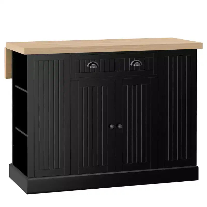 47 Îlot de cuisine en bois cannelé, Armoire de rangement pour comptoir de cuisine avec abattant, Tiroir, Étagères ouvertes, Rangement