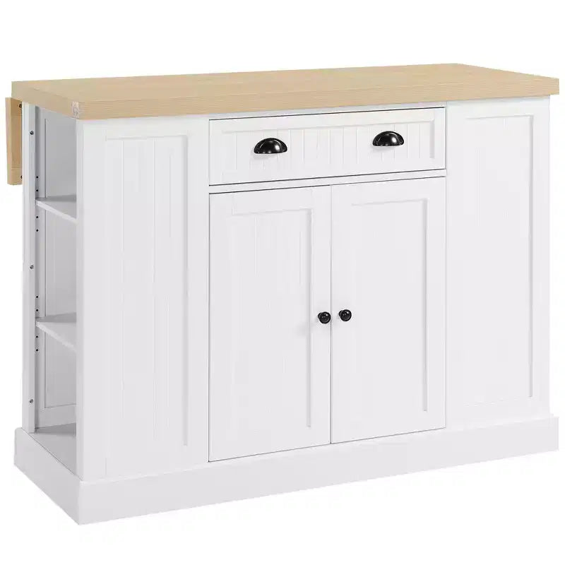 47 Fluted-Style Wooden Kitchen Island, Kitchen Countertop Storage Cabinet with Drop Leaf, Drawer, Open Shelves, Storage