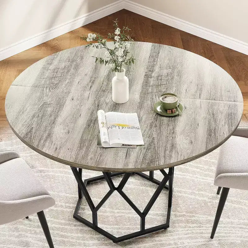 Table à manger ronde de 47 pouces pour 4 à 6 personnes, table de cuisine industrielle en bois avec base robuste pour salle à manger