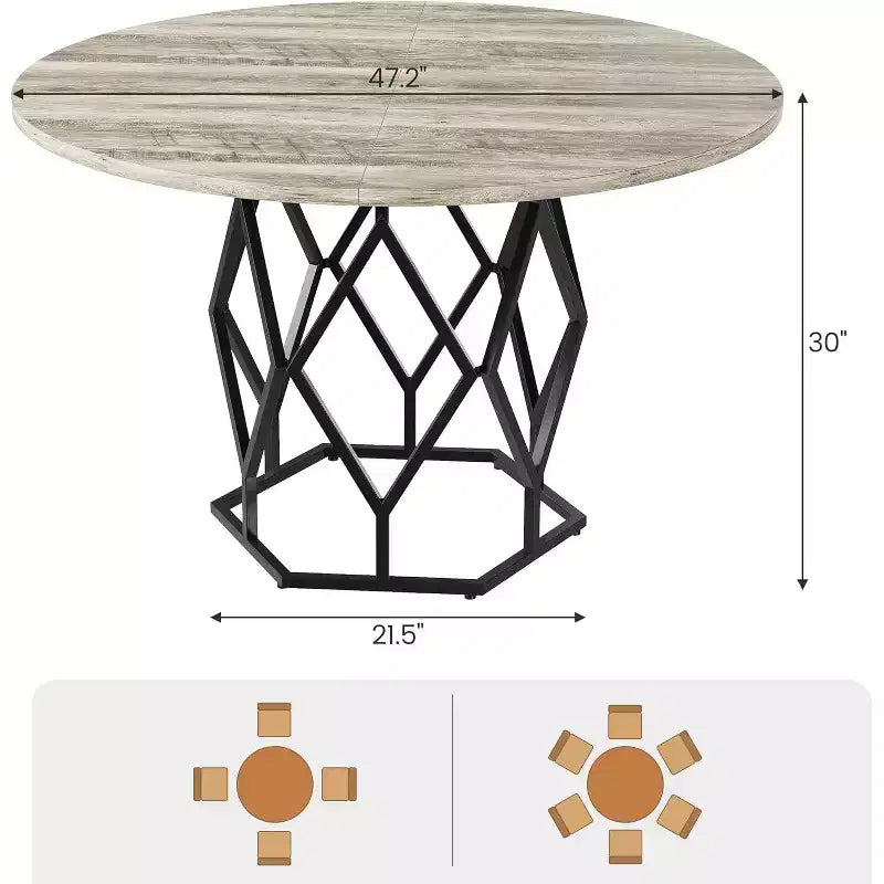 Table à manger ronde de 47 pouces pour 4 à 6 personnes, table de cuisine industrielle en bois avec base robuste pour salle à manger