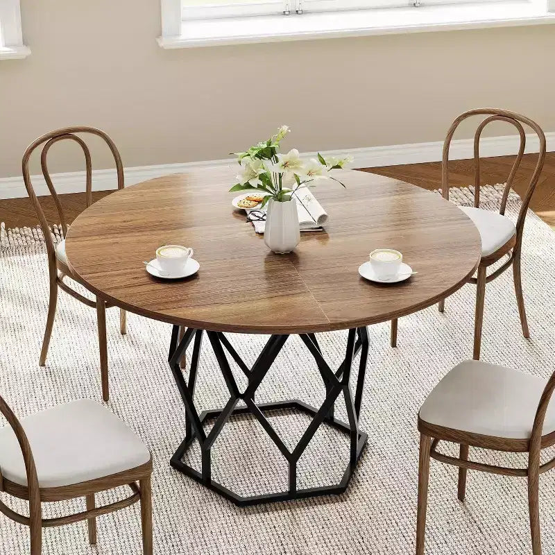 Table à manger ronde de 47 pouces pour 4 à 6 personnes, table de cuisine industrielle en bois avec base robuste pour salle à manger