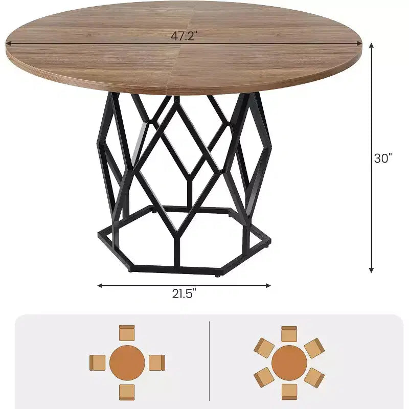 Table à manger ronde de 47 pouces pour 4 à 6 personnes, table de cuisine industrielle en bois avec base robuste pour salle à manger