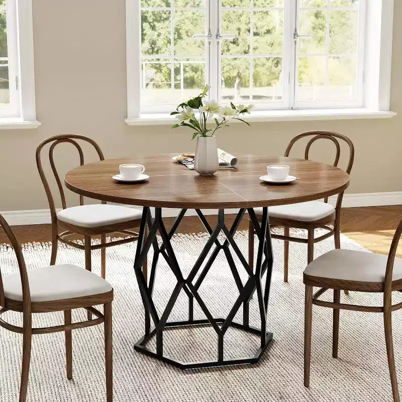 Table à manger ronde de 47 pouces pour 4 à 6 personnes, table de cuisine industrielle en bois avec base robuste pour salle à manger