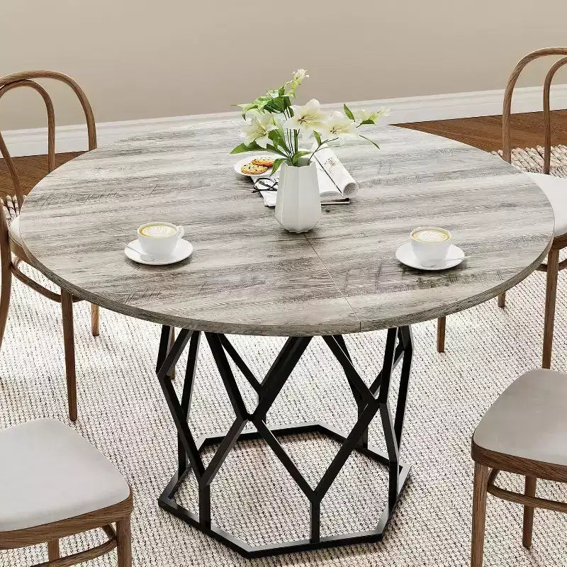 Table à manger ronde de 47 pouces pour 4 à 6 personnes, table de cuisine industrielle en bois avec base robuste pour salle à manger