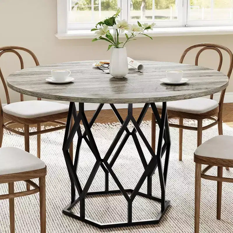 Table à manger ronde de 47 pouces pour 4 à 6 personnes, table de cuisine industrielle en bois avec base robuste pour salle à manger
