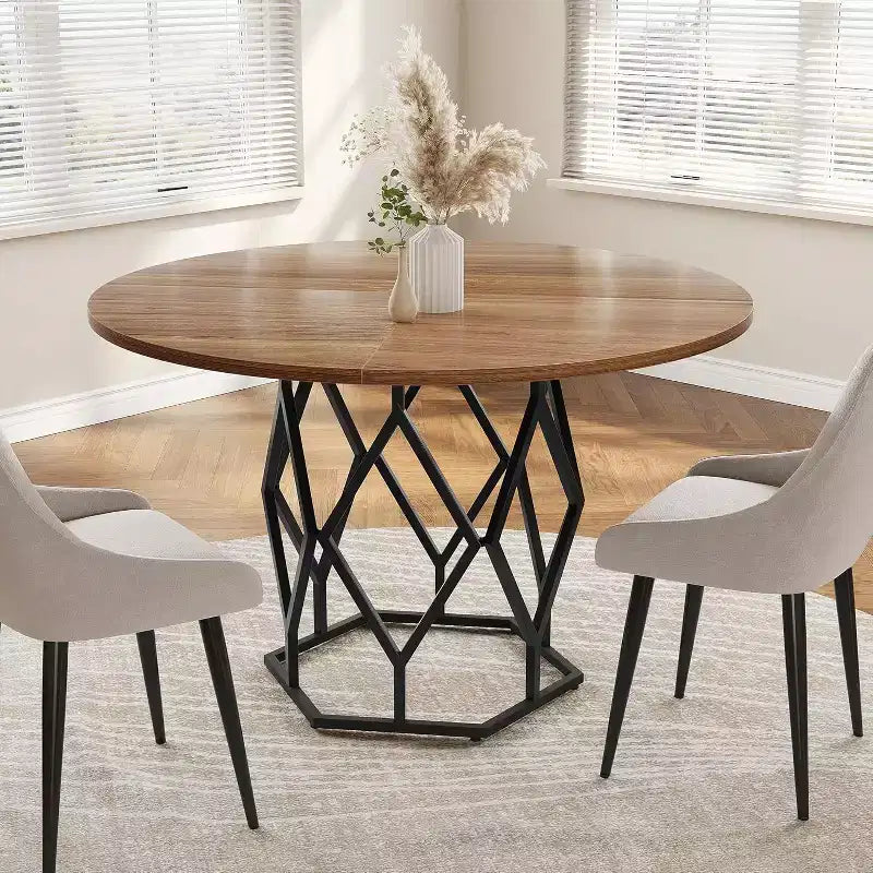 47 Round Farmhouse Dining Table for 4-6, Industrial Wood Kitchen Table with Sturdy Base for Dining Room