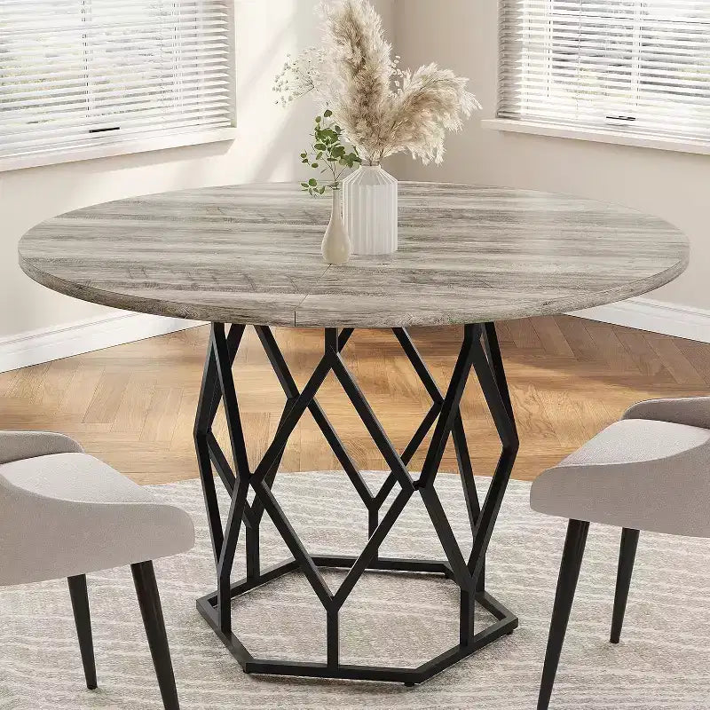 Table à manger ronde de 47 pouces pour 4 à 6 personnes, table de cuisine industrielle en bois avec base robuste pour salle à manger