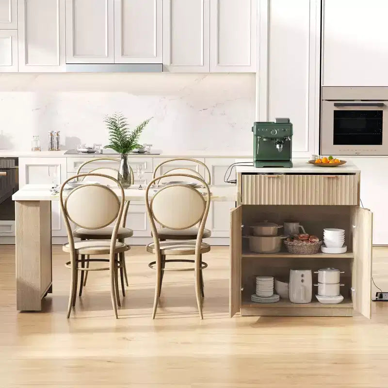 Îlot de cuisine cannelé blanc de 2,10 m avec table de salle à manger extensible pour 4 à 6 personnes, îlot de cuisine pour salle à manger