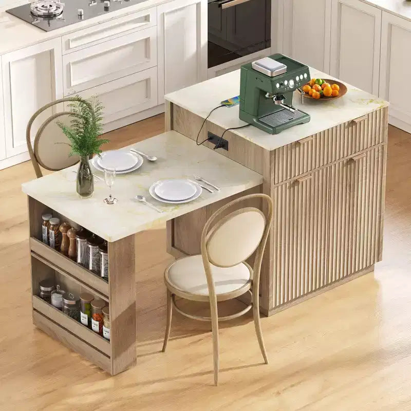Îlot de cuisine cannelé blanc de 2,10 m avec table de salle à manger extensible pour 4 à 6 personnes, îlot de cuisine pour salle à manger
