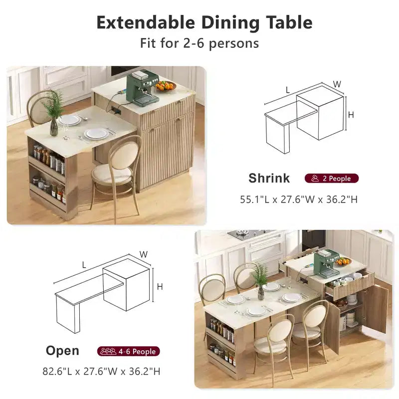 Îlot de cuisine cannelé blanc de 2,10 m avec table de salle à manger extensible pour 4 à 6 personnes, îlot de cuisine pour salle à manger