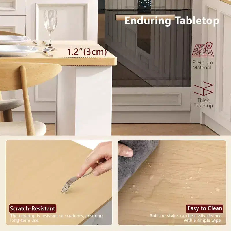 Îlot de cuisine cannelé blanc de 2,10 m avec table de salle à manger extensible pour 4 à 6 personnes, îlot de cuisine pour salle à manger