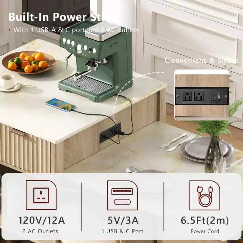 Îlot de cuisine cannelé blanc de 2,10 m avec table de salle à manger extensible pour 4 à 6 personnes, îlot de cuisine pour salle à manger