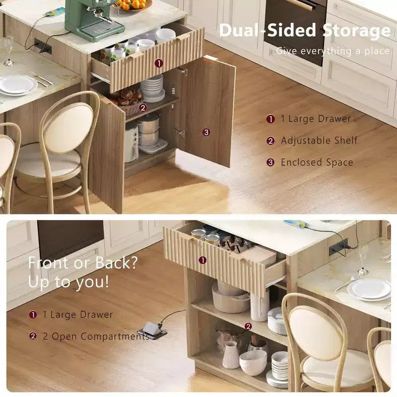 Îlot de cuisine cannelé blanc de 2,10 m avec table de salle à manger extensible pour 4 à 6 personnes, îlot de cuisine pour salle à manger