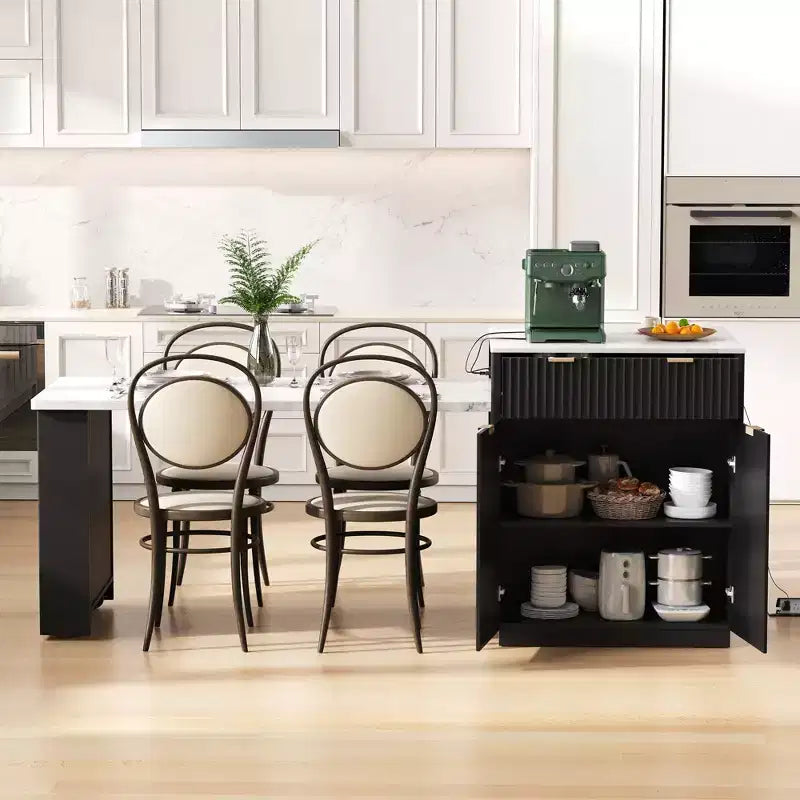 Îlot de cuisine cannelé blanc de 2,10 m avec table de salle à manger extensible pour 4 à 6 personnes, îlot de cuisine pour salle à manger