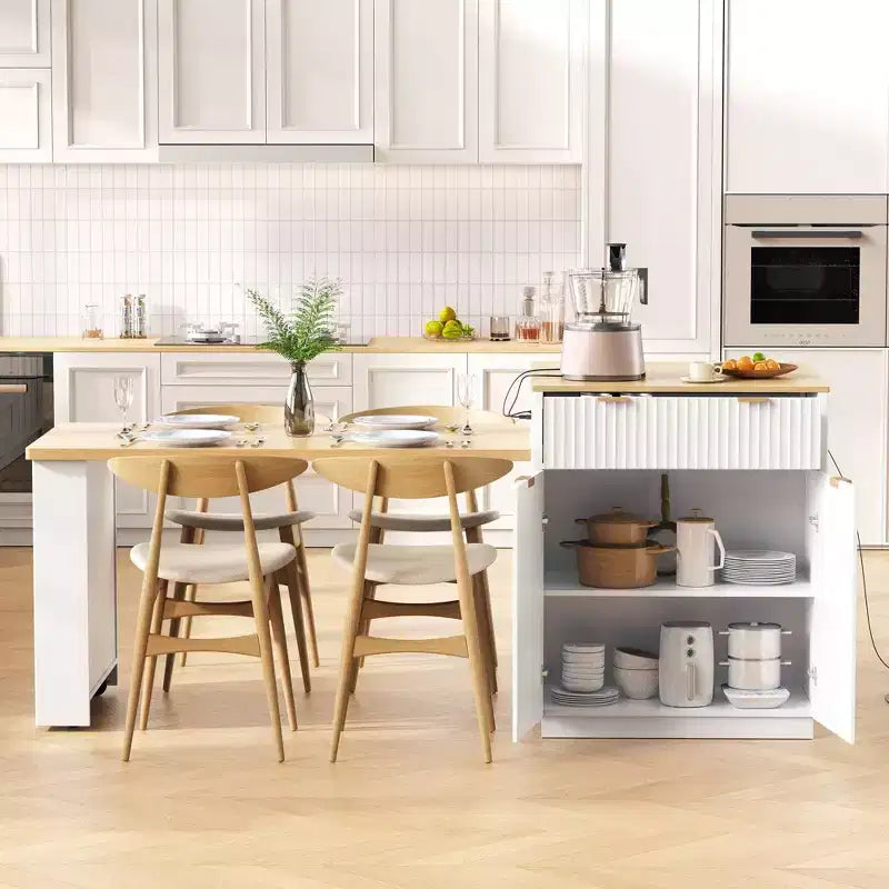 Îlot de cuisine cannelé blanc de 2,10 m avec table de salle à manger extensible pour 4 à 6 personnes, îlot de cuisine pour salle à manger