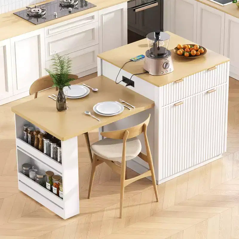 Îlot de cuisine cannelé blanc de 2,10 m avec table de salle à manger extensible pour 4 à 6 personnes, îlot de cuisine pour salle à manger