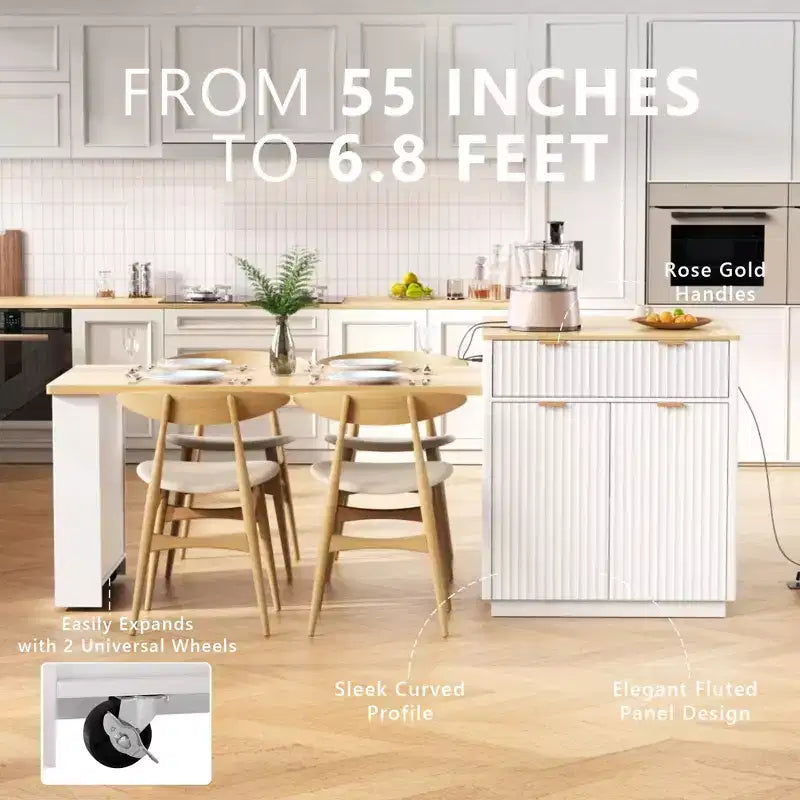 Îlot de cuisine cannelé blanc de 2,10 m avec table de salle à manger extensible pour 4 à 6 personnes, îlot de cuisine pour salle à manger