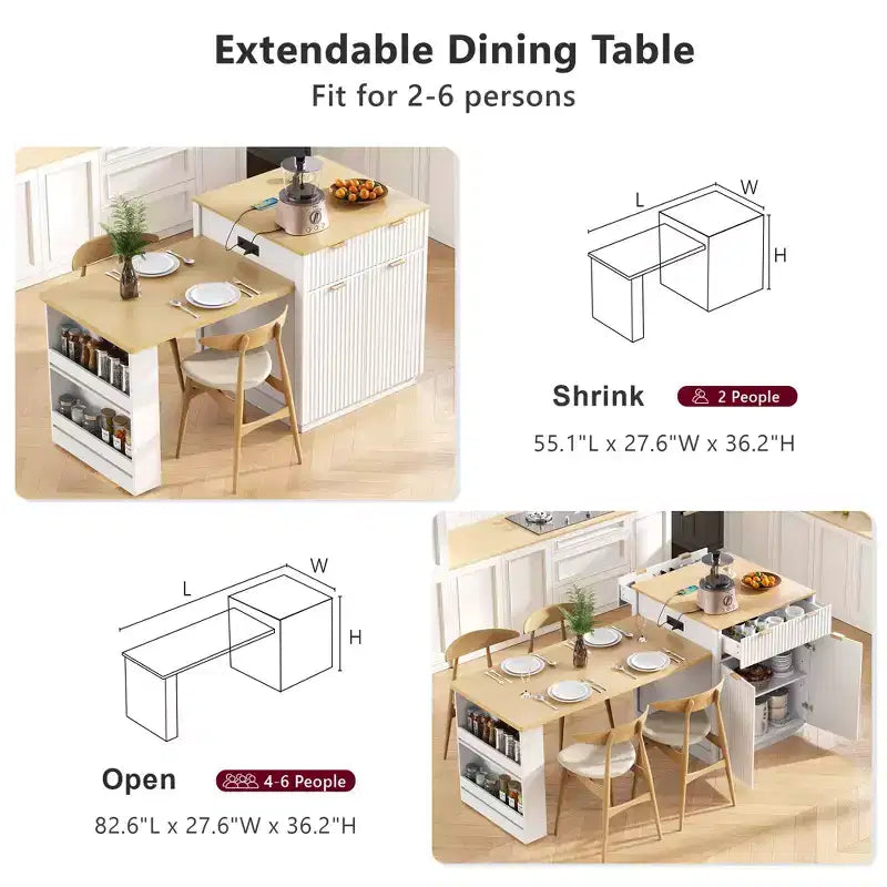 Îlot de cuisine cannelé blanc de 2,10 m avec table de salle à manger extensible pour 4 à 6 personnes, îlot de cuisine pour salle à manger