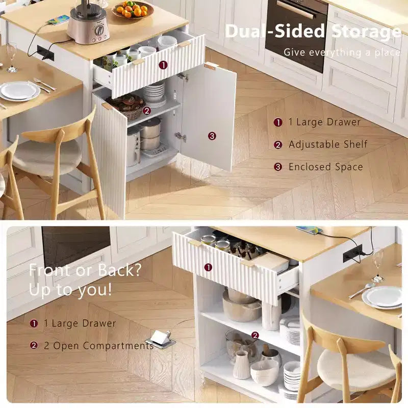 Îlot de cuisine cannelé blanc de 2,10 m avec table de salle à manger extensible pour 4 à 6 personnes, îlot de cuisine pour salle à manger