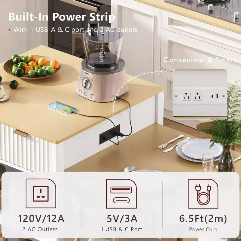 Îlot de cuisine cannelé blanc de 2,10 m avec table de salle à manger extensible pour 4 à 6 personnes, îlot de cuisine pour salle à manger