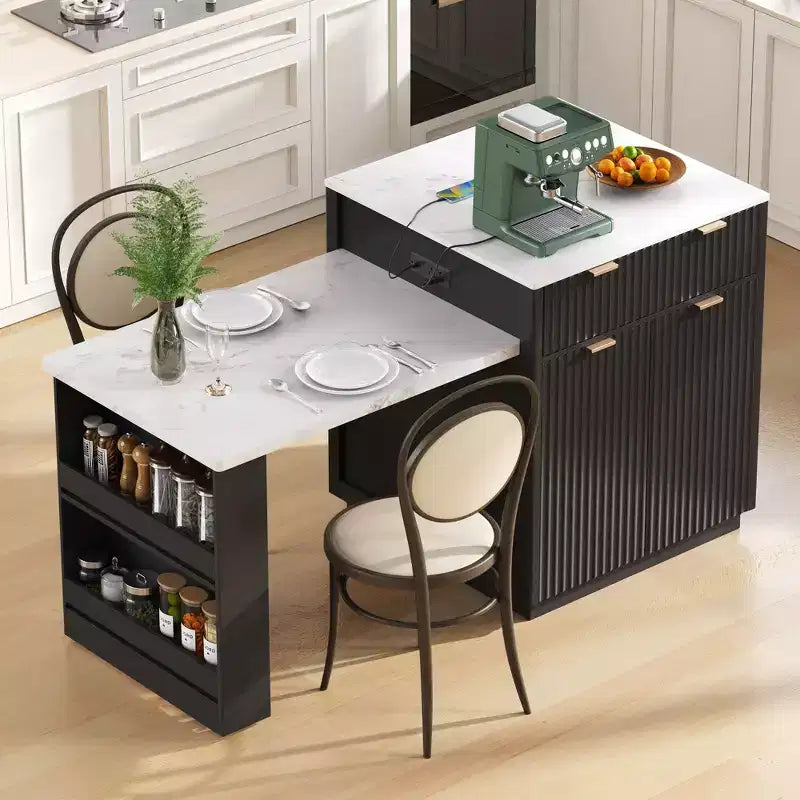 Îlot de cuisine cannelé blanc de 2,10 m avec table de salle à manger extensible pour 4 à 6 personnes, îlot de cuisine pour salle à manger