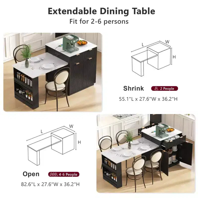Îlot de cuisine cannelé blanc de 2,10 m avec table de salle à manger extensible pour 4 à 6 personnes, îlot de cuisine pour salle à manger