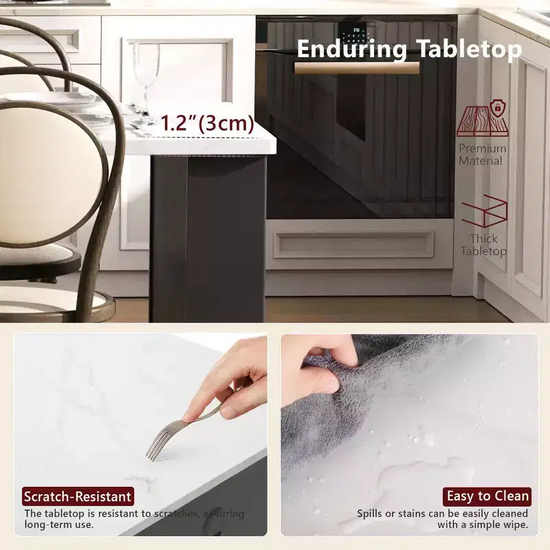 Îlot de cuisine cannelé blanc de 2,10 m avec table de salle à manger extensible pour 4 à 6 personnes, îlot de cuisine pour salle à manger