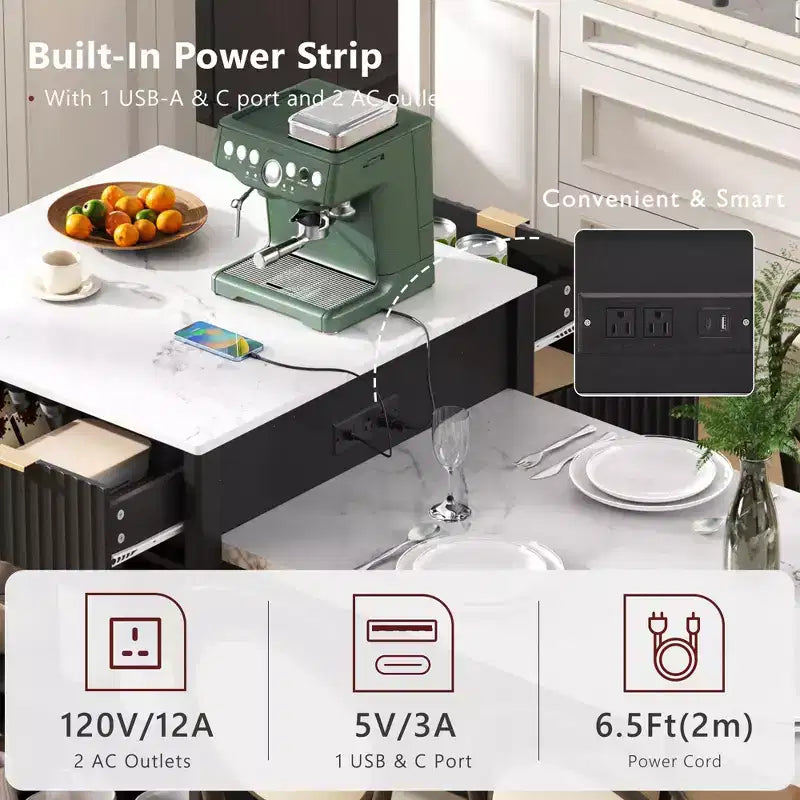 Îlot de cuisine cannelé blanc de 2,10 m avec table de salle à manger extensible pour 4 à 6 personnes, îlot de cuisine pour salle à manger