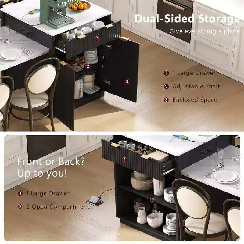 Îlot de cuisine cannelé blanc de 2,10 m avec table de salle à manger extensible pour 4 à 6 personnes, îlot de cuisine pour salle à manger